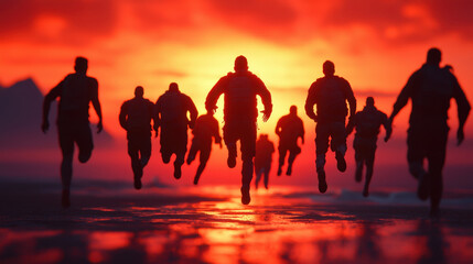 Silhouettes of people running towards vibrant sunset on beach