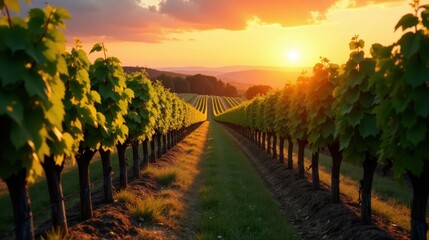 Fototapeta premium Golden Hour Vineyard Rows at Sunset Serene Landscape of Lush Foliage and Vibrant Sky