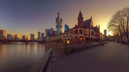 Fototapeta premium Frankfurt cityscape showcasing modern and historic architecture at golden hour with clear skies