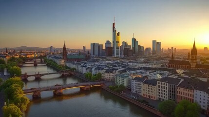 Naklejka premium Frankfurt cityscape showcasing modern and historic architecture at golden hour with clear skies
