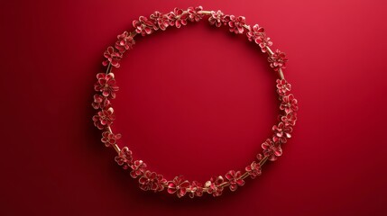 Obraz premium Chinese New Year background with traditional decorations creating frame on red , round copy space for text 