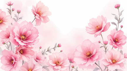 Abstract watercolor art background with pink flowers with golden line. Botanical banner with watercolor paints with transparency effect for design