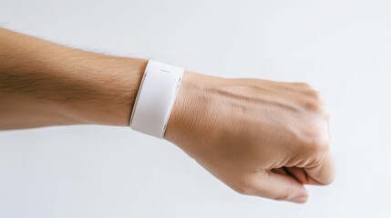A close-up of a patient’s wrist with a medical wristband, against a clean white background, Minimalist style
