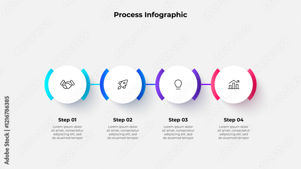 Poster Four circular elements placed in horizontal row. Concept of 4 steps to process infographic. Modern vector illustration for business presentation