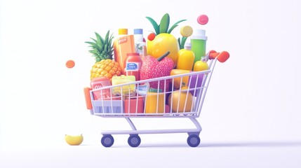 Full shopping cart with fresh produce and groceries.
