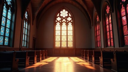 Fototapeta premium Serene Sanctuary Sunlight Illuminates Stained Glass and Wooden Pews in a Tranquil Chapel