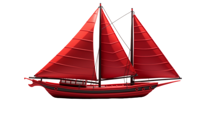 Red Sailboat Model with Classic Design, Nautical Vessel with Red Sails for Maritime Themes, transparent background.