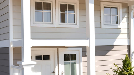Modern House Exterior: White and Grey Facade with Large Windows and Door. Beautiful Home Design and Architecture. Real Estate Photography