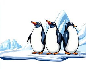 Obraz premium Colorful Cartoon Penguins on Ice with Mountains in Background