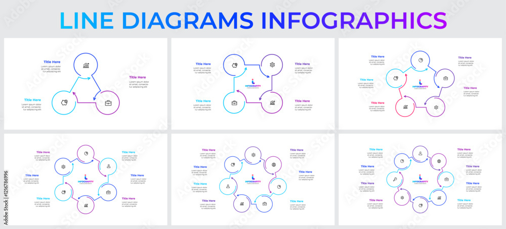 Leinwandbilder set of line infographic circles elements and arrows. vector cycle diagrams with 3, 4, 5, 6, 7 and 8 