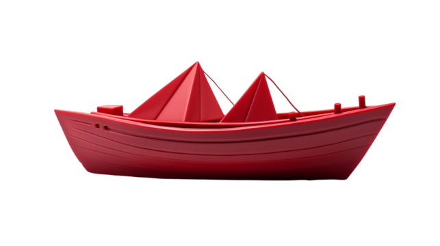 Modern Red Boat 3D Render, Abstract Geometric Sailing Vessel with Luxury Nautical Design, transparent background.