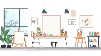 Fototapeta premium Cozy art studio interior with easel, paints, and canvases.