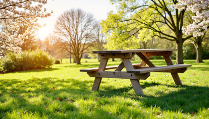 Fototapeta premium Picnic table in a green park, trees in full bloom under a sunny sky