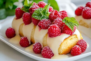 Deliciously Served Raspberry Dessert Cake with Cream Sauce and Garnish on a White Plate
