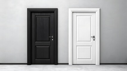 Pair of black and white doors on a gray wall, symbolizing choices and duality with minimalist design. Perfect for modern, abstract, or decision-themed projects.