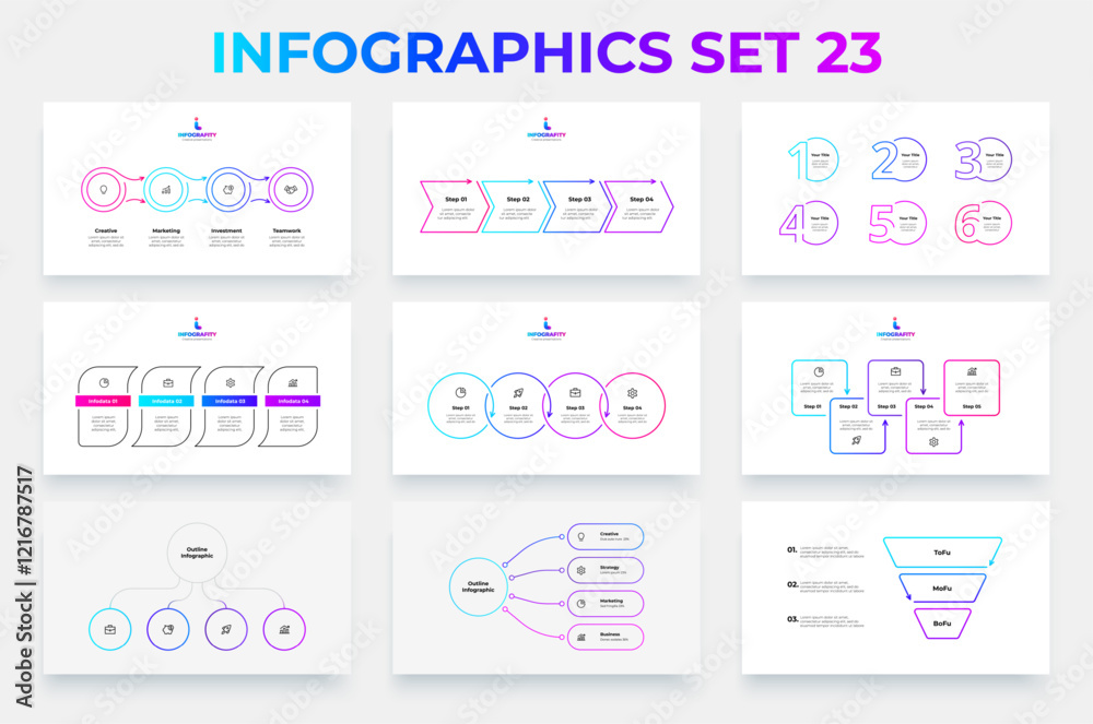 Poster Set of outline infographic elements. Vector process diagrams, flowcharts, timelines and funnel with 3, 4, 5, and 6 options, steps or processes. Minimal business presentation