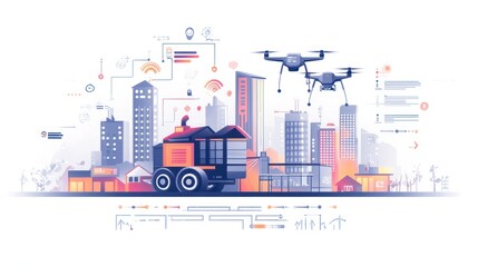 Obraz premium Smart city logistics with drones and automated vehicle.