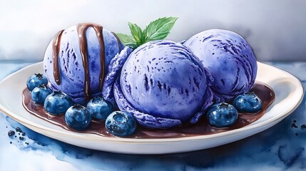 Blueberry Ice Cream with Chocolate Sauce and Blueberries.