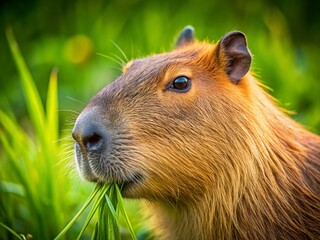 Fototapeta premium Adorable Capybara Enjoying a Lush Green Grass Meal - High-Resolution Stock Photo