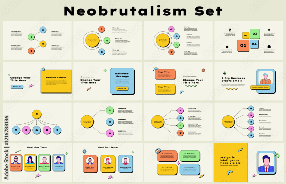 Poster Collection of infographic presentation slides with team slides, flowchart and other diagrams. Business data analytics y2k trendy design.