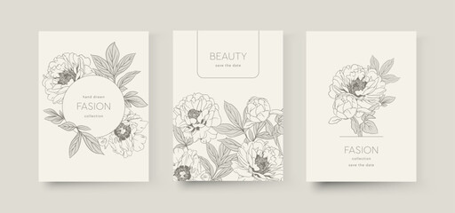 Vector banner with flowers, peonies, leaves on background. Exotic design for fashion magazine cover, cosmetics packaging, spa, beauty salon flyer, travel agency, wedding invitation