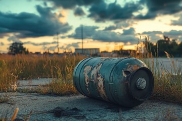 Rusty gas cylinder lies on cracked pavement under a dramatic sky at dusk