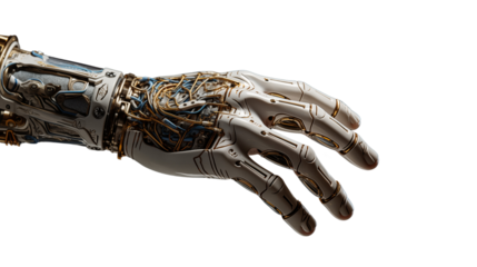 Advanced Robotic Hand with Biomechanical Design, Futuristic Technology and Engineering Innovation, transparent background.