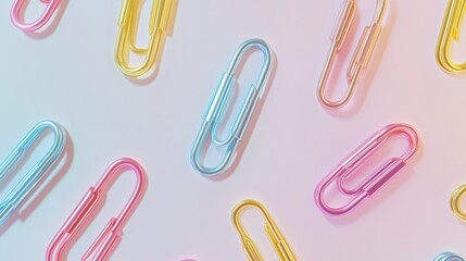 Pastel paperclips scattered on pink background; office supplies flatlay