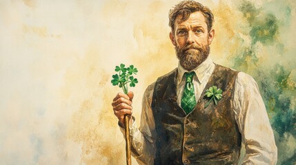 Fototapeta premium Happy St. Patrick's Day Background, a watercolor portrait of a man holding a shamrock-covered cane, wearing a vest and green tie, with a confident expression, with copy space