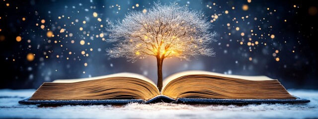 Naklejka premium Glowing Tree Growing from an Open Book in a Fantasy Art Style, Set Against a Dark Background, Representing the Concept of Knowledge, Magic, and Imagination.