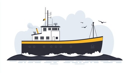Obraz premium A stylized illustration of a small fishing trawler at sea