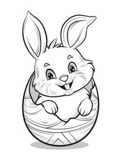 Coloring book for kids, Easter bunny peeking out of egg. Monochrome illustration for coloring.