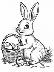 Coloring book for kids. Easter bunny peeks out of a basket of eggs and smiles.