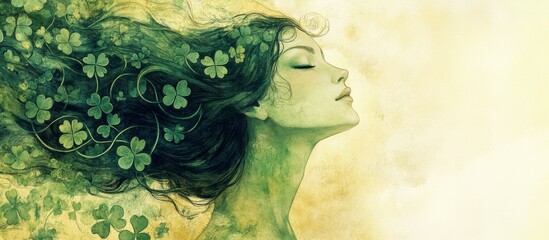 St. Patrick's Day, a watercolor silhouette of a woman with flowing hair, entwined with clover vines, her eyes closed as if in peaceful reflection, with soft shades of green and gold, with copy space