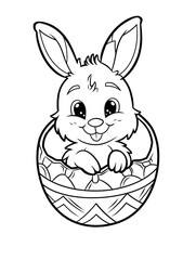 Coloring book for kids. Easter bunny peeks out of a basket of eggs and smiles.