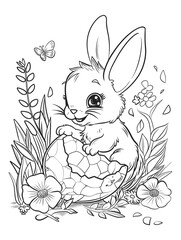 Coloring book for kids. Easter bunny holding an Easter egg and smiling.
