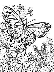 Coloring book. Butterfly among flowers. Black and white illustration for coloring.