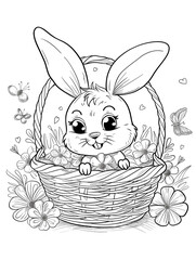 Coloring book for kids. Easter bunny peeks out of a basket of eggs and smiles.