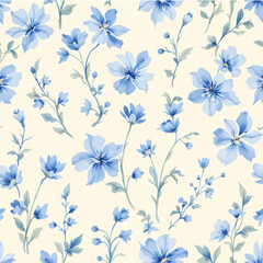 Elegant Blue Floral Print Delicate Wild Flowers On Seamless Natural Texture Design Background	