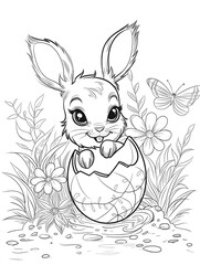 Coloring book for kids, Easter bunny peeking out of egg. Monochrome illustration for coloring.