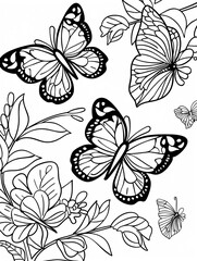 Coloring book. Butterfly among flowers. Black and white illustration for coloring.