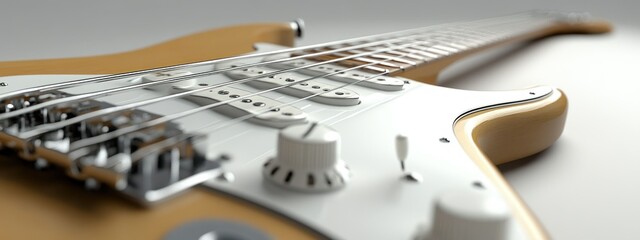 Fototapeta premium Close-up of a guitar showcasing its strings and knobs, emphasizing musical craftsmanship.