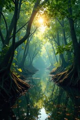 Naklejka premium Dense mangrove forest with sunlight filtering through, natural world, sunlight, ecosystem