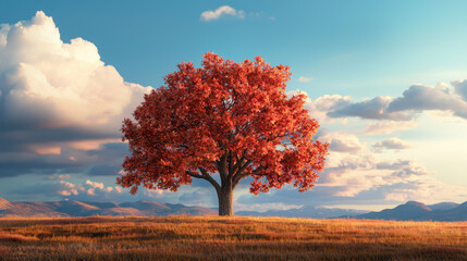 vibrant autumn tree stands alone in scenic landscape, showcasing its fiery red leaves against clear blue sky