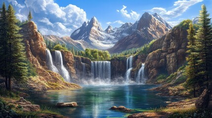 Scenic mountain lake framed by cascading waterfalls and dramatic rocky peaks