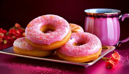 Pączki z polewą owocową i filiżanką kawy lub herbaty