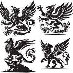 Obraz premium griffin black and white silhouette isolated on white background, Gryphon, Griffon, Gryps, Hippogryph, Simurgh, Sharabha silhouette 