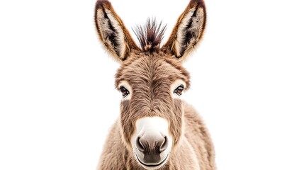 Obraz premium Close-up Portrait of a Cute Brown Donkey Against a White Background