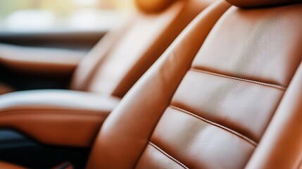 Obraz premium A close-up of luxurious tan leather car seats with visible stitching and a soft texture, highlighting premium craftsmanship and elegant design