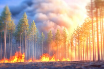 Rising smoke and golden sunlight reveal the urgent threat of summer wildfires in a dry forest